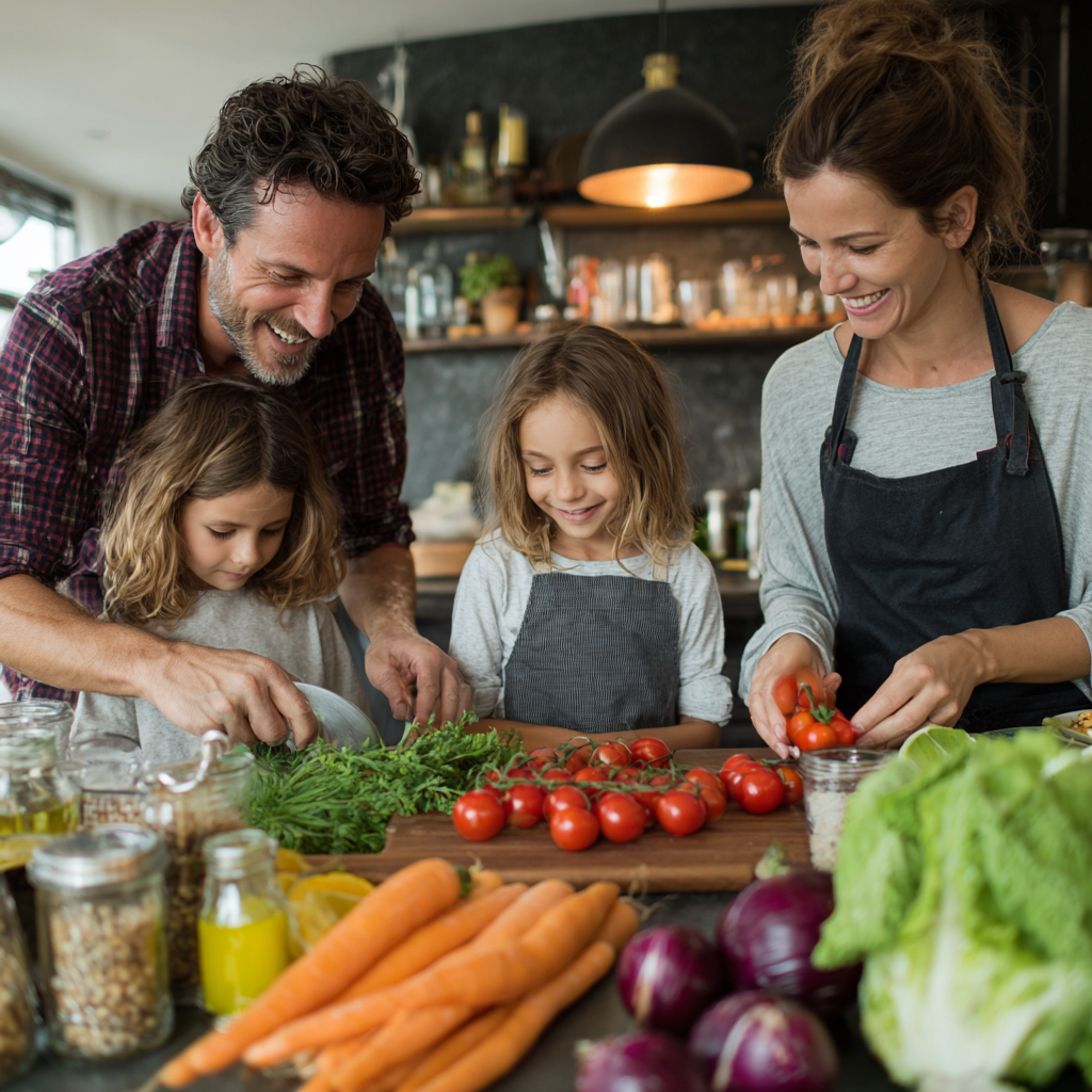 Famiglia română fericita pregatind masa impreuna, zambind si savurand momentele de calitate in bucatarie