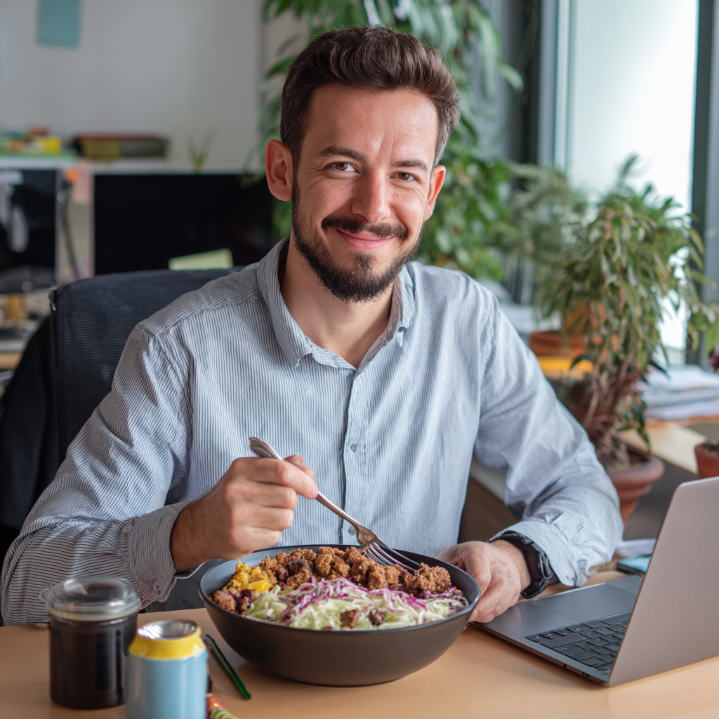 Profesionist roman concentrat la birou, mancand o masa sanatoasa pregatita acasa, zambind cu satisfactie